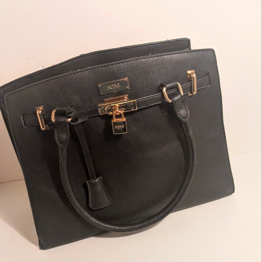 BCBG Double Handle Black Handbag Gold Locket